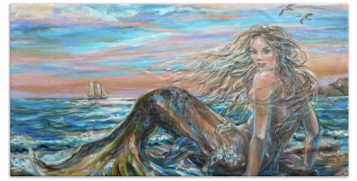 Ocean Beach Towel featuring the painting Full Moon Siren by Linda Olsen
