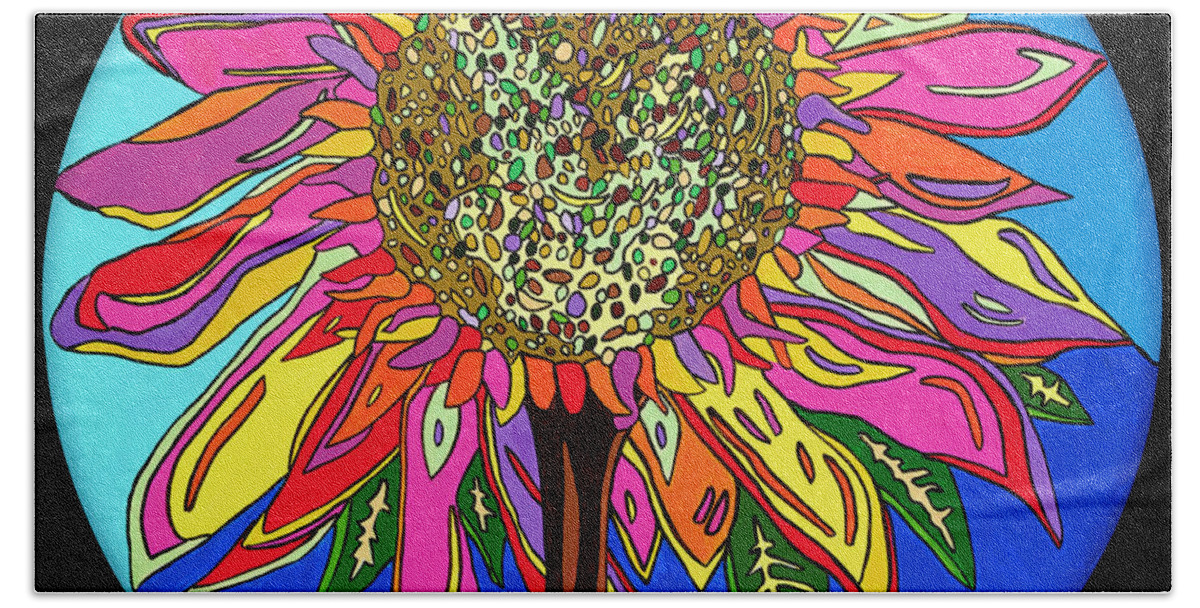 Flower Psychedelic Colorerful Pop Art Beach Towel featuring the painting FunFlower by Mike Stanko