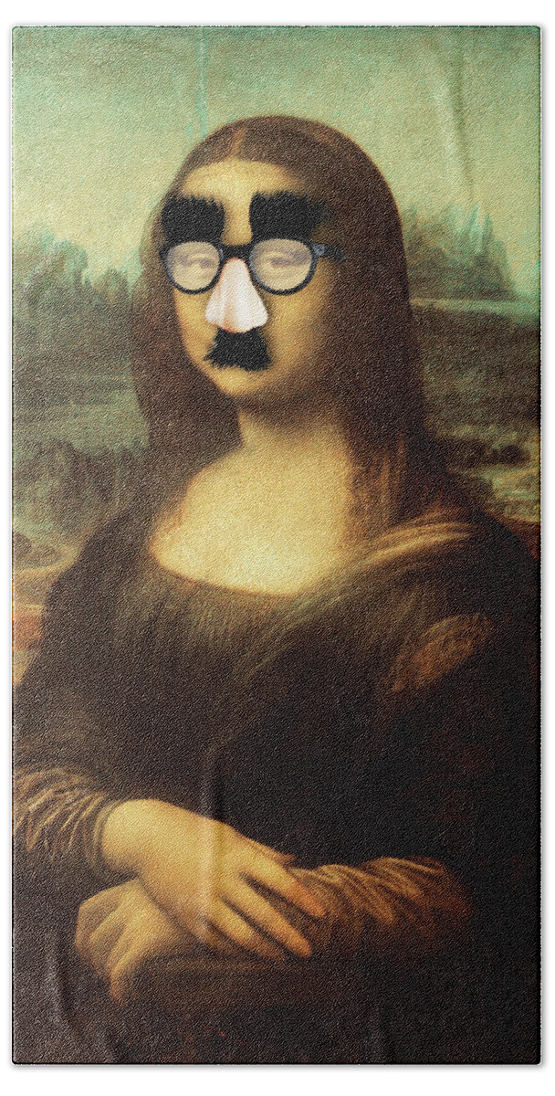 Mona Lisa Beach Towel featuring the painting Funny Humor Groucho Glasses Mona Lisa by Tony Rubino