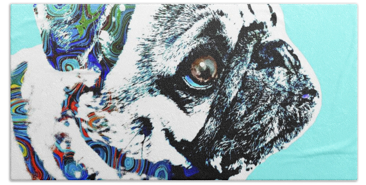 Dog Beach Towel featuring the digital art Funny Pug Dog 166 - by artist Lucie Dumas by Lucie Dumas