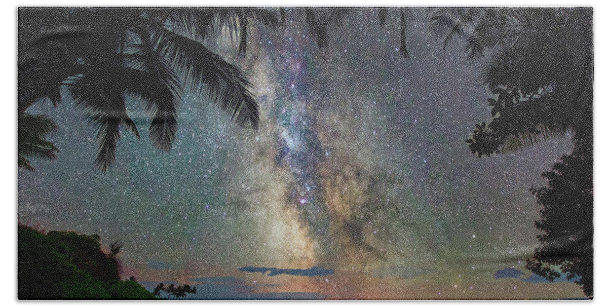 Maui Hawaii Milky Way Palmtrees Beach Towel featuring the photograph Galaxy by James Roemmling