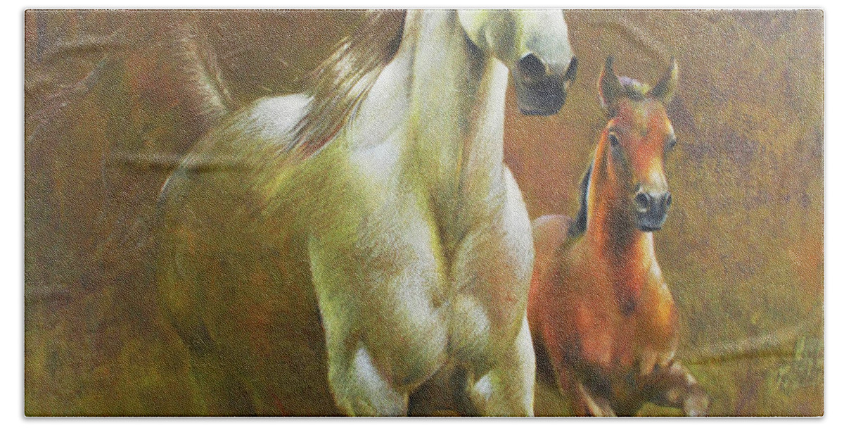 Horse Beach Sheet featuring the painting Gallop in the eyelash of the morning by Vali Irina Ciobanu