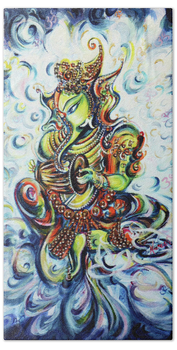Ganesha Beach Sheet featuring the painting Ganesh playing mridangam in Lotus Csomos by Harsh Malik