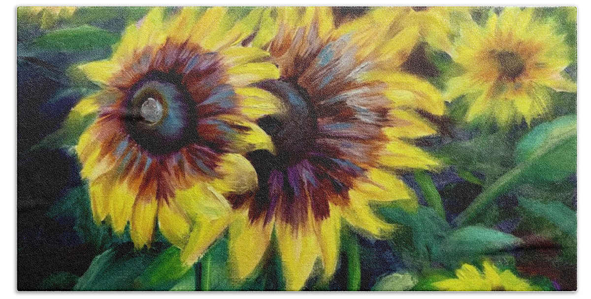  Sunflower Beach Towel featuring the painting Garden Delights by Jan Chesler