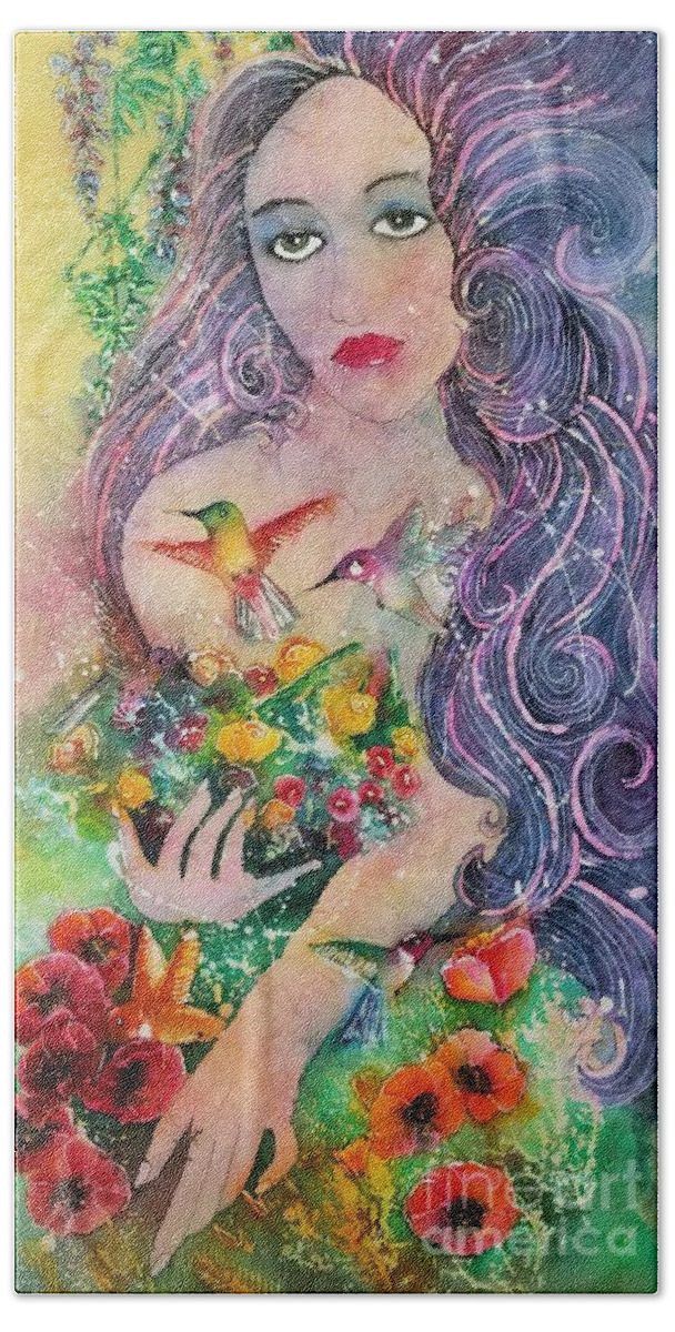 Garden. Goddess Beach Towel featuring the painting Garden Goddess of the Hummingbird by Carol Losinski Naylor