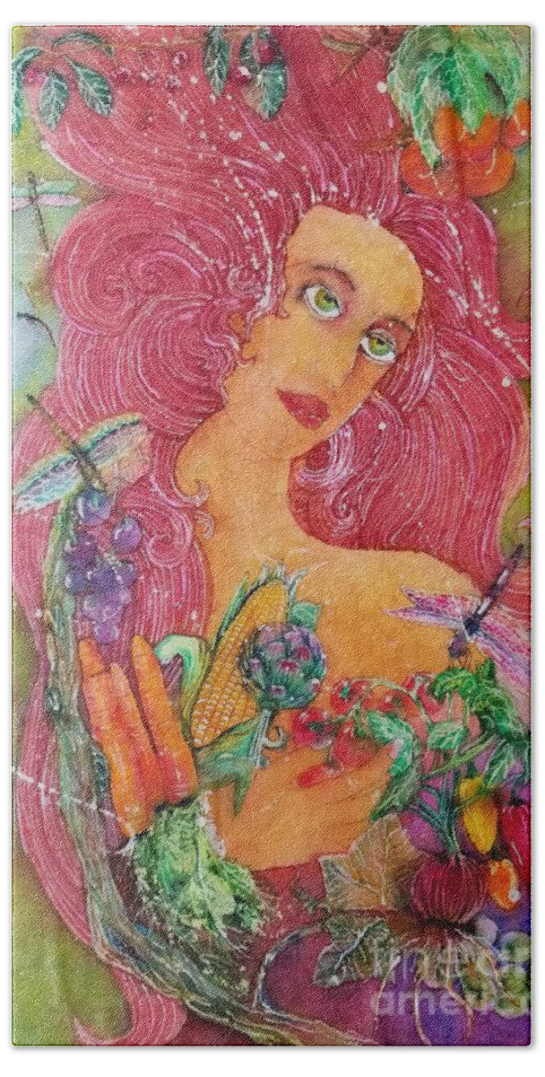Vegetables Beach Towel featuring the painting Garden Goddess of the Vegetables by Carol Losinski Naylor