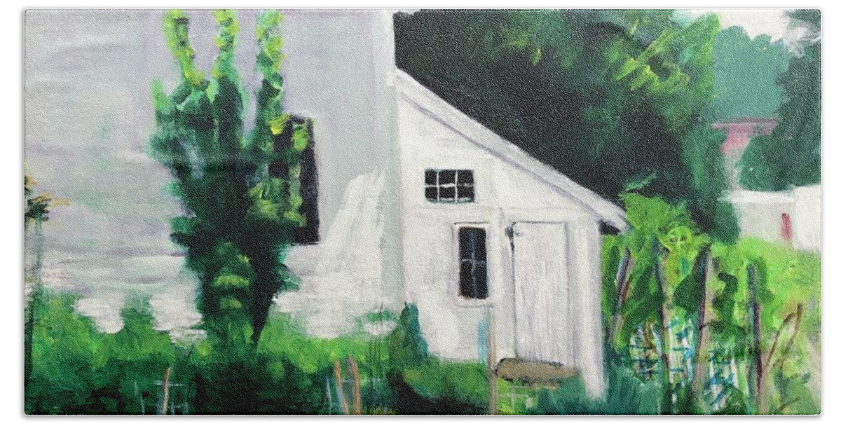 Home Town Beach Towel featuring the painting Garden Shed by Cyndie Katz