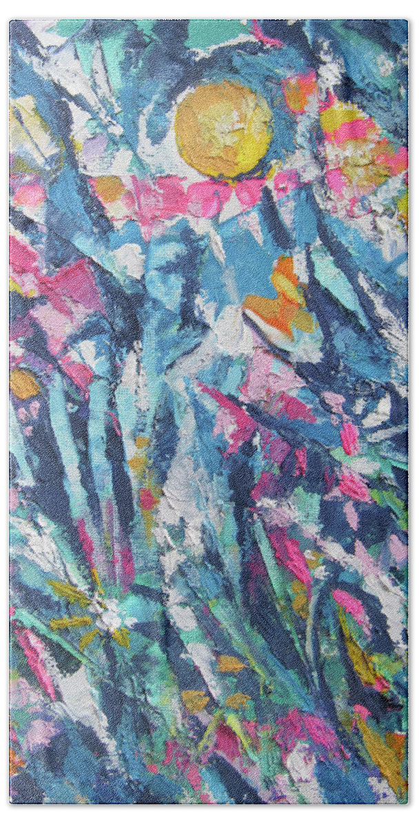 Abstract Garden Beach Towel featuring the painting Garden Sun by Jean Batzell Fitzgerald