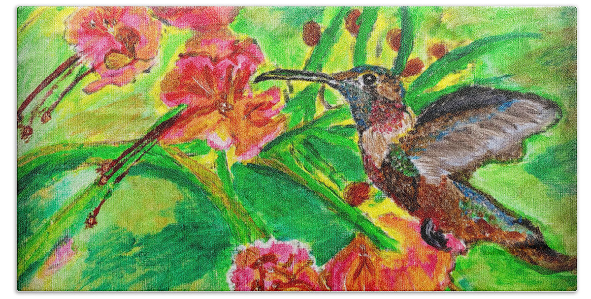 Hummingbird Beach Towel featuring the painting Hummingbird Enjoying Flower's Nectar by Melody Fowler