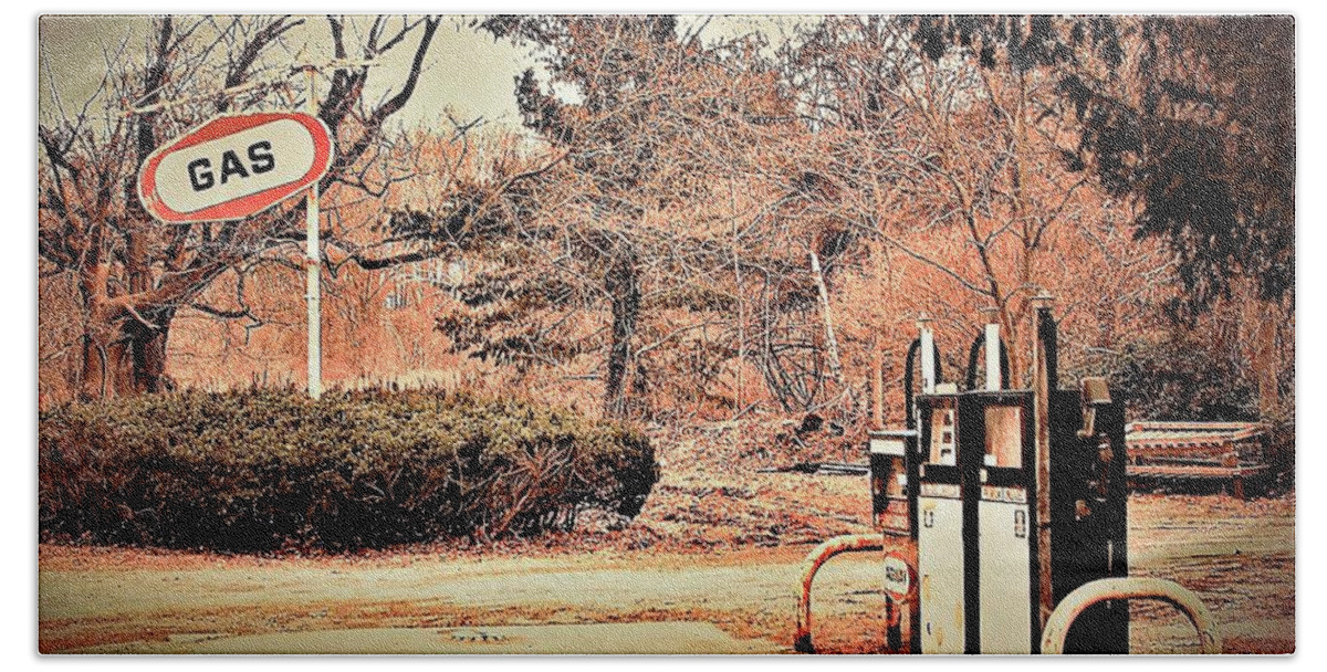 Gas Station Pumps Trees Metal Beach Towel featuring the photograph Gas Station by John Linnemeyer