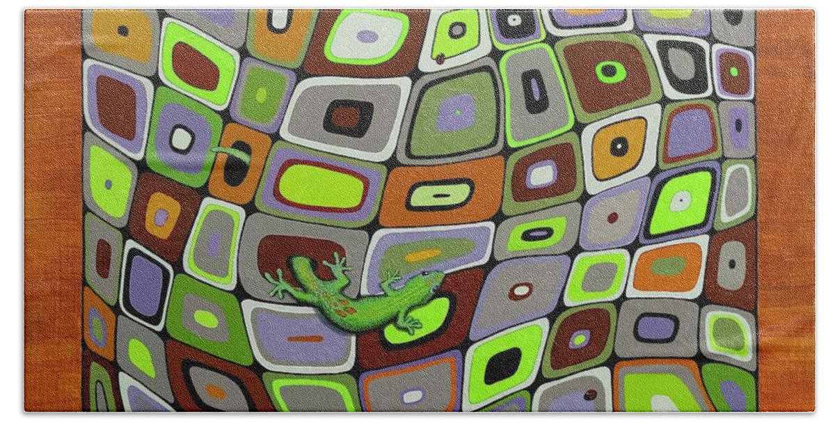 Kim Mcclinton Beach Towel featuring the painting Gecko Limbo by Kim McClinton