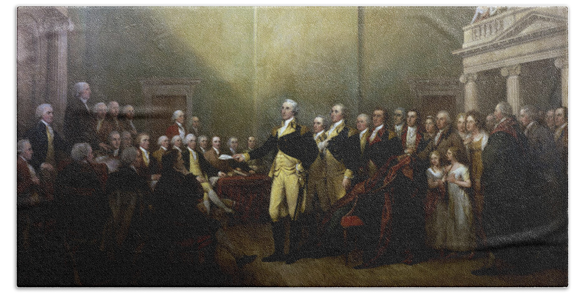 George Washington Beach Towel featuring the painting General Washington Resigning His Commission by War Is Hell Store
