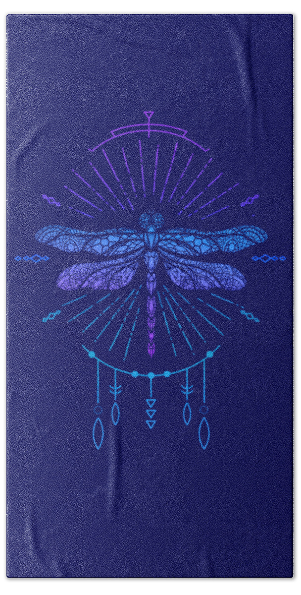 Dragonfly Beach Towel featuring the digital art Geometric Blue Boho Dragonfly by Laura Ostrowski