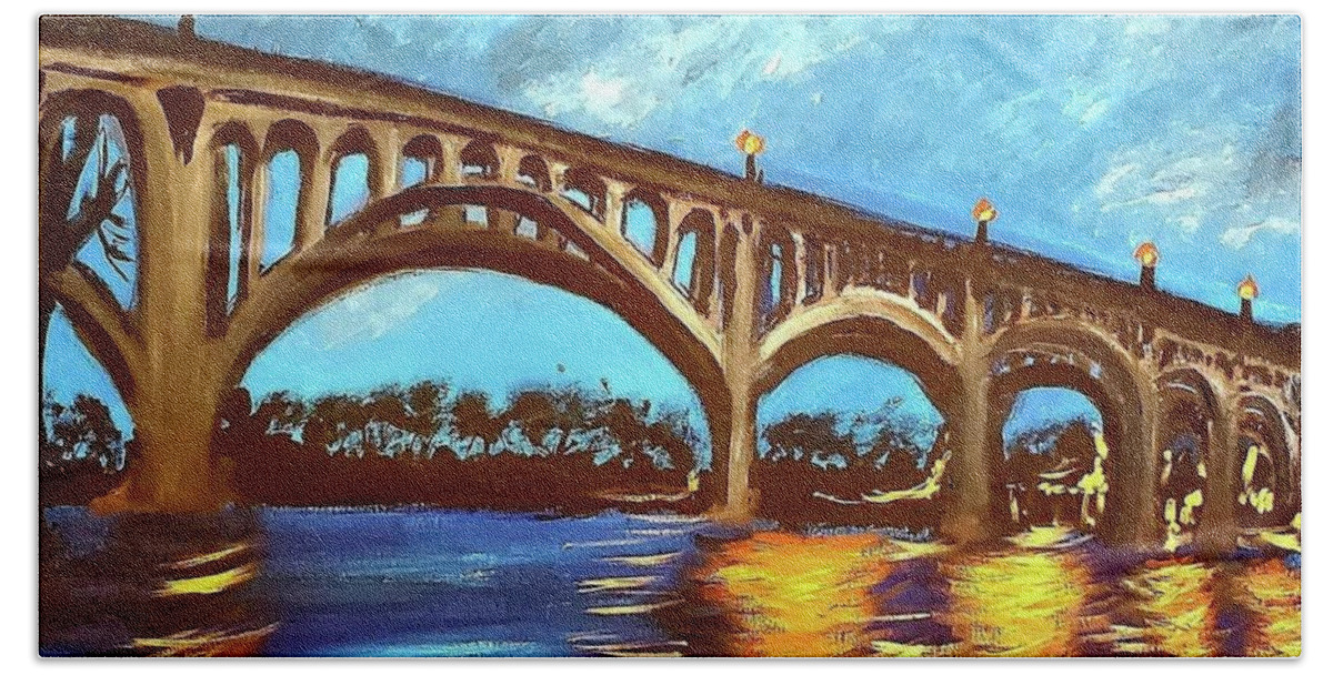 Night Beach Towel featuring the painting Gervais Street Bridge at Night by Amy Kuenzie