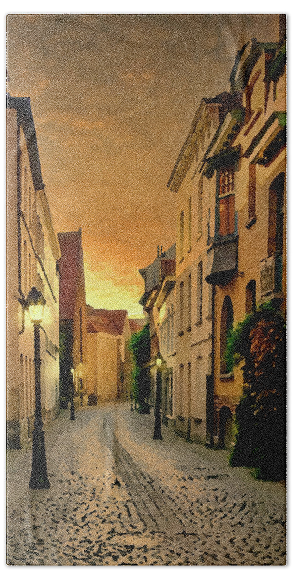 Ghent Beach Towel featuring the digital art Ghent, Belgium Sunset Street Scene, Dry Brush on Canvas by Ron Long Ltd Photography