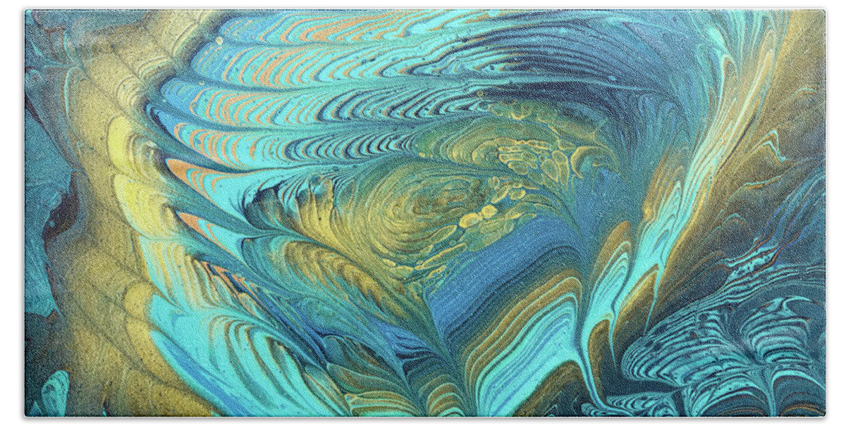 Poured Acrylic Beach Towel featuring the painting Gilded Nebula Nest by Lucy Arnold