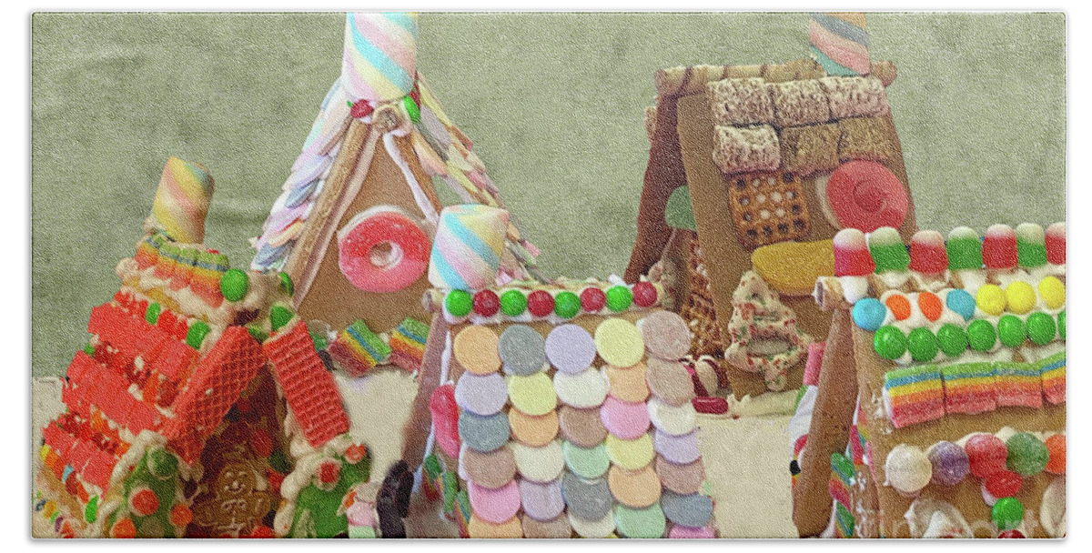 Affinity Gingerbread Houses Round Rock Texas Candy Houses Beach Sheet featuring the photograph Gingerbread Houses by Janette Boyd