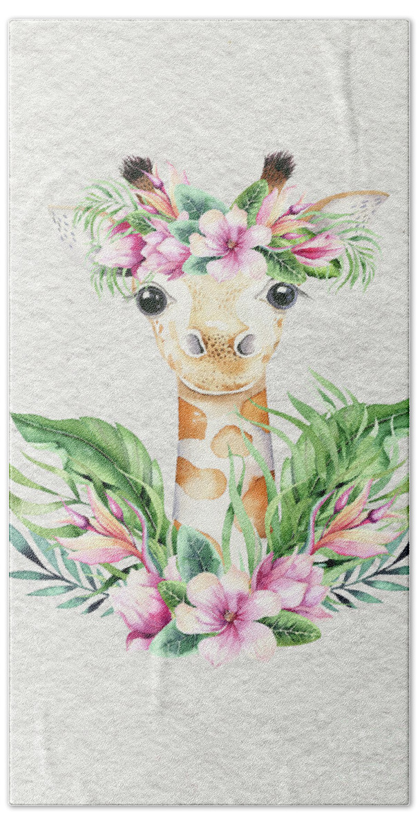 Giraffe Beach Towel featuring the painting Giraffe With Flowers by Nursery Art