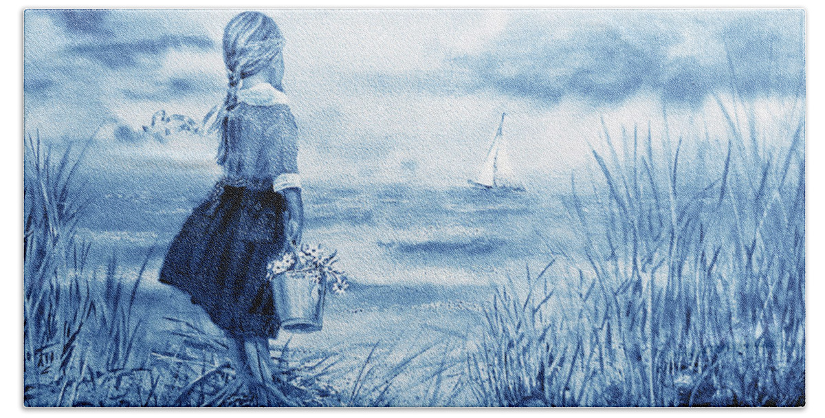 Girl And Ocean Beach Towel featuring the painting Girl And Ocean Watercolor Painting In Ultramarine Blue by Irina Sztukowski