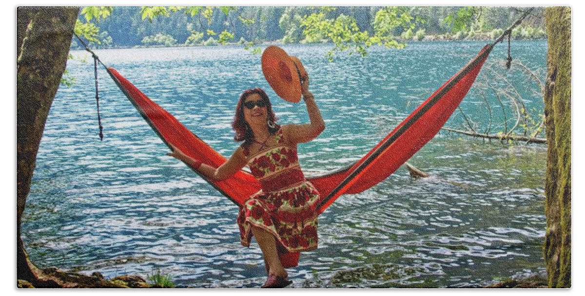 Hanging Beach Towel featuring the photograph Girl In A Hammock Tipping Her Hat by David Desautel