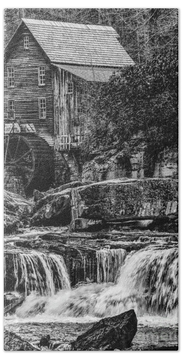 Babcock State Park Beach Towel featuring the photograph Glade Creek Grist Mill Black and White by Thomas R Fletcher