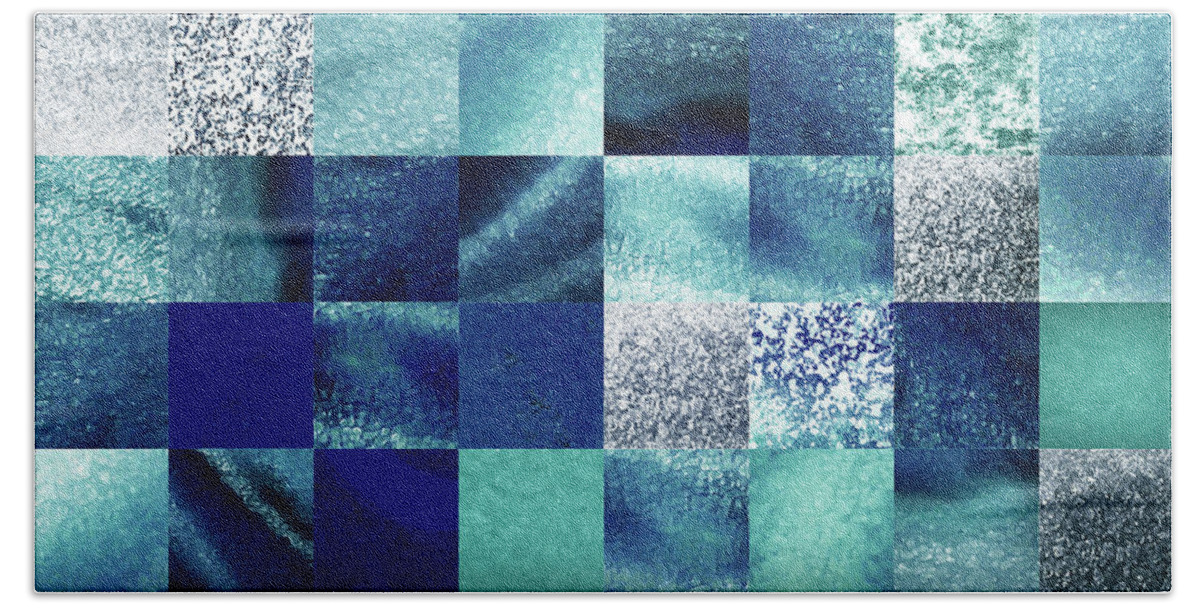 Quilt Beach Towel featuring the painting Glowing Teal Blue Gray Watercolor Squares Art Mosaic Quilt by Irina Sztukowski