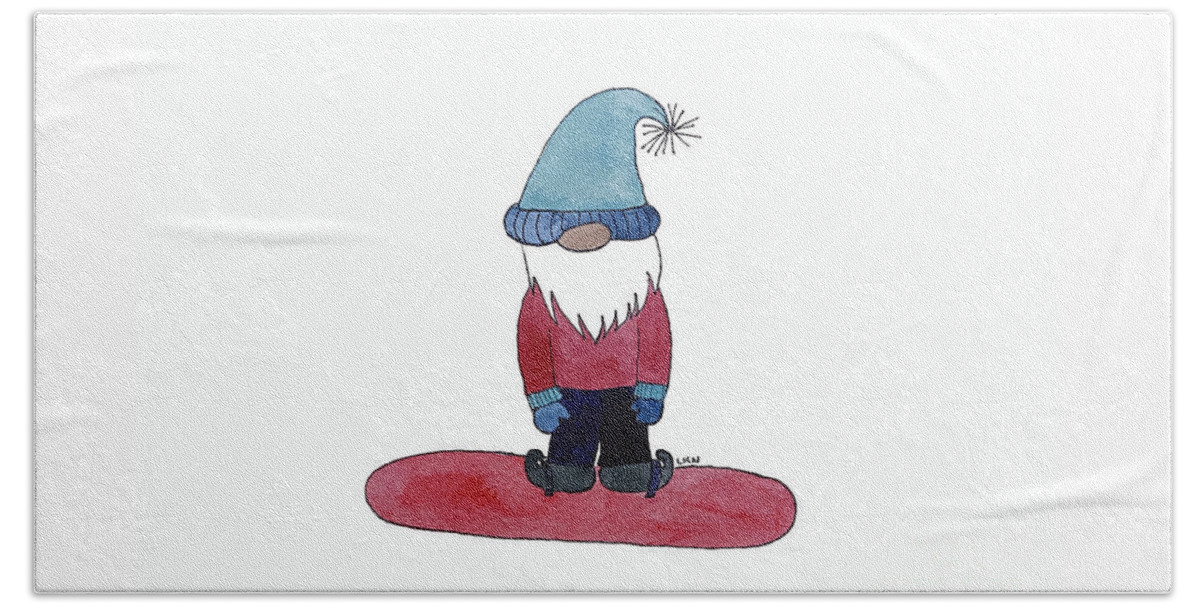 Snowboard Beach Towel featuring the mixed media Gnome on Snowboard by Lisa Neuman