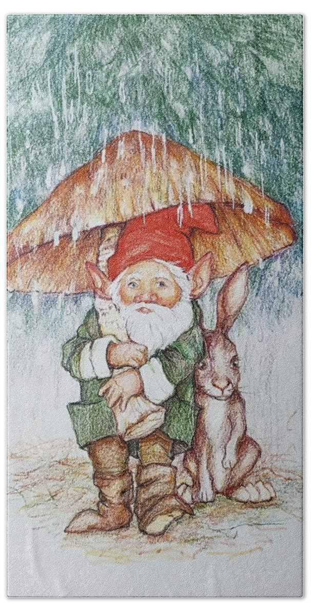 Gnome Beach Towel featuring the painting Gnome with Bunny and Mushroom by Peggy Wilson