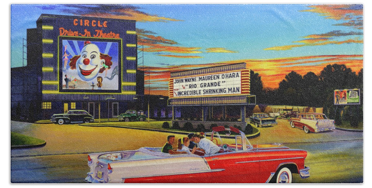 Circle Drive-in Theatre Beach Sheet featuring the painting Goin' Steady - The Circle Drive-In Theatre by Randy Welborn