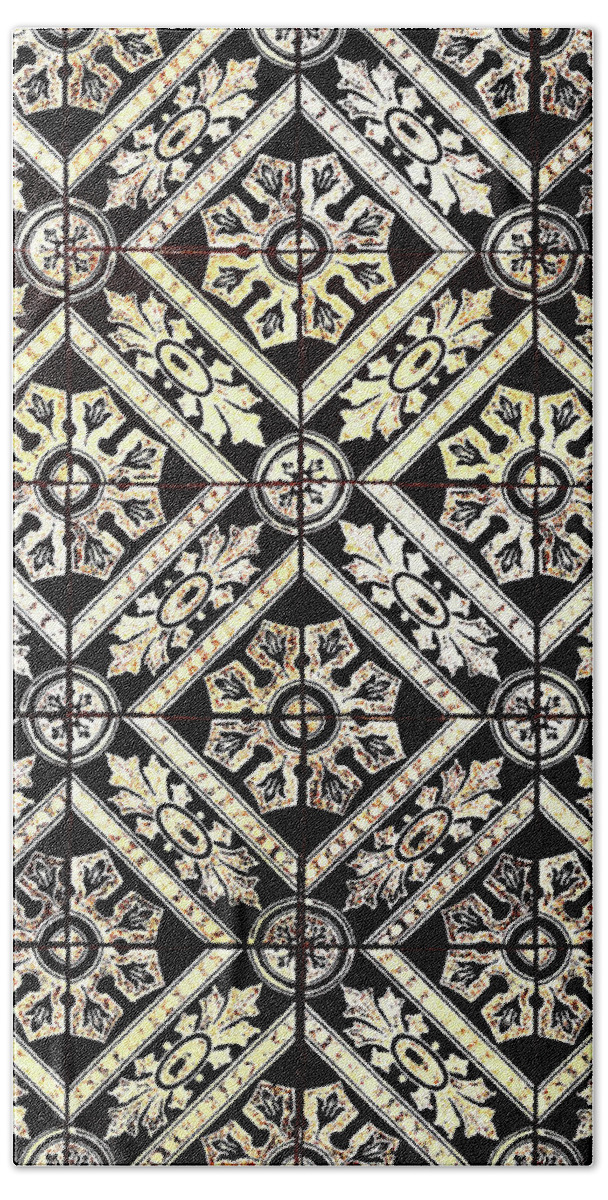 Gold Tiles Beach Towel featuring the digital art Gold On Black Tiles Mosaic Design Decorative Art VI by Irina Sztukowski