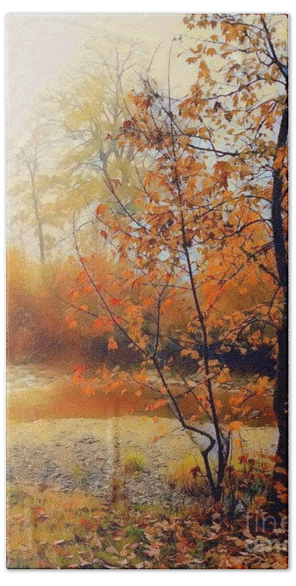 Autumn Beach Towel featuring the mixed media Golden Autumn Trees by Claudia Zahnd-Prezioso