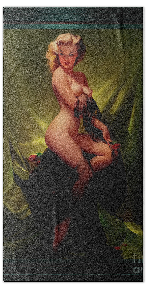 Golden Beauty Beach Towel featuring the painting Golden Beauty by Gil Elvgren Vintage Art Pinup Xzendor7 Old Masters Reproductions by Rolando Burbon