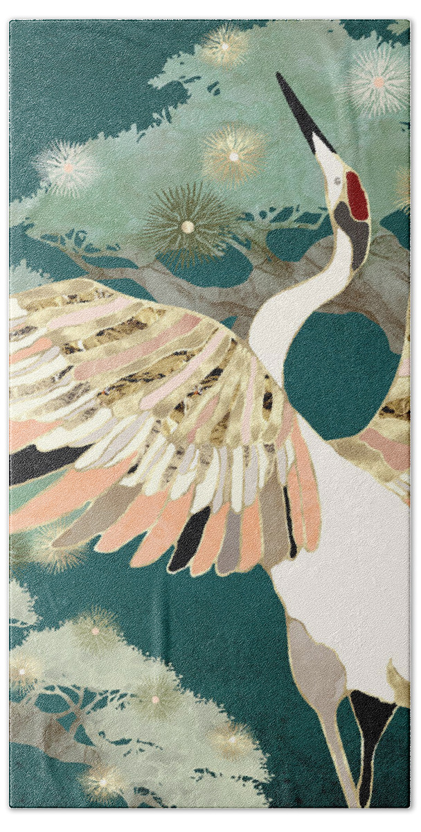 Crane Beach Towel featuring the digital art Golden Crane by Spacefrog Designs