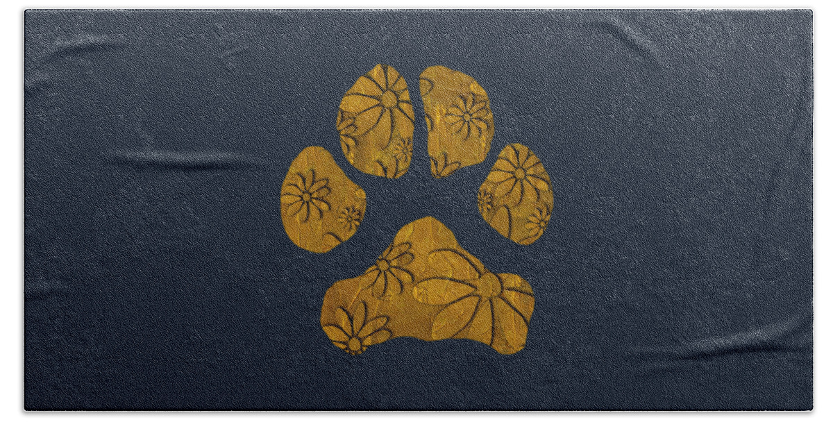 Dog Beach Towel featuring the painting Golden Dancing Daisies Dog Paw by Sharon Cummings