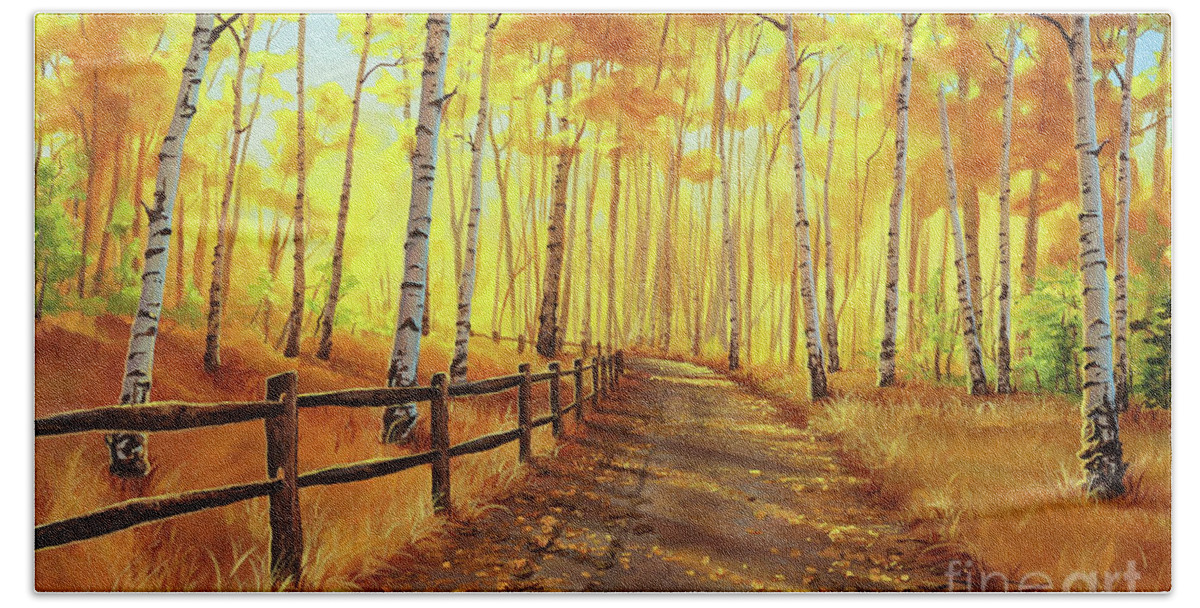 Autumn Forest Beach Sheet featuring the painting Golden Forest by Joe Mandrick