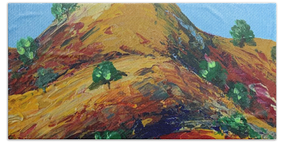 Landscape Beach Towel featuring the painting Golden Hills 3 by Raji Musinipally
