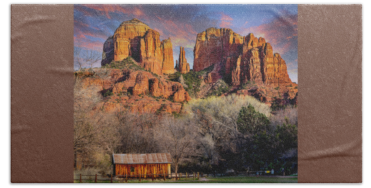 Carthedral Rock Beach Towel featuring the photograph Golden Hour at Red Rock Crossing by Al Judge