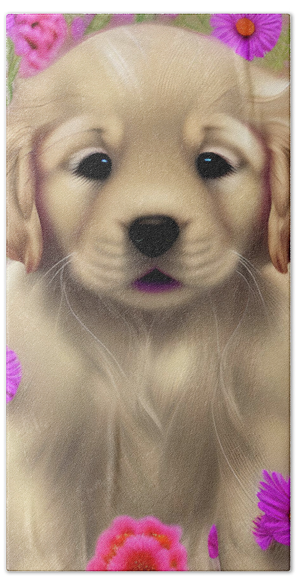Lab Beach Towel featuring the digital art Golden Labrador Retriever Puppy by Debra Miller