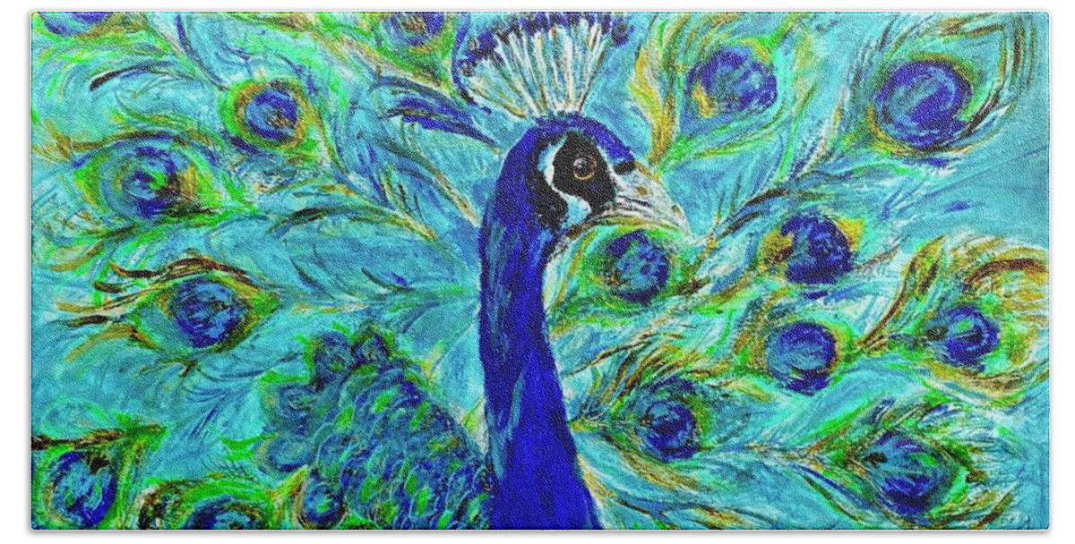 Peacock Beach Towel featuring the painting Bird of Gold and Blue Plumage by Melody Fowler