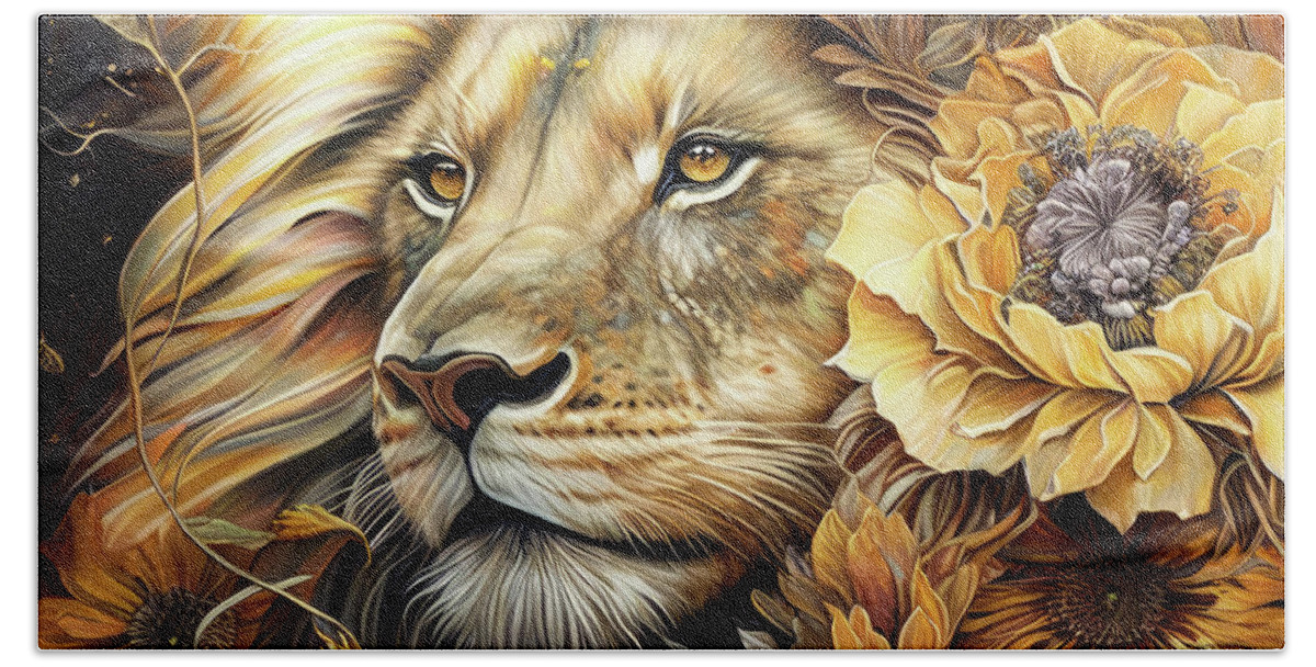 Lion Beach Towel featuring the painting Golden Spirit Lion by Tina LeCour
