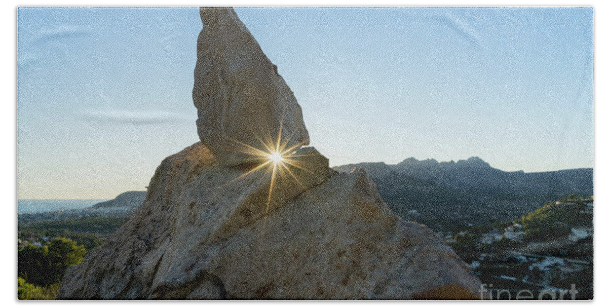 Mountain Landscape Beach Towel featuring the photograph Golden sunbeams, rocks and blue sky by Adriana Mueller