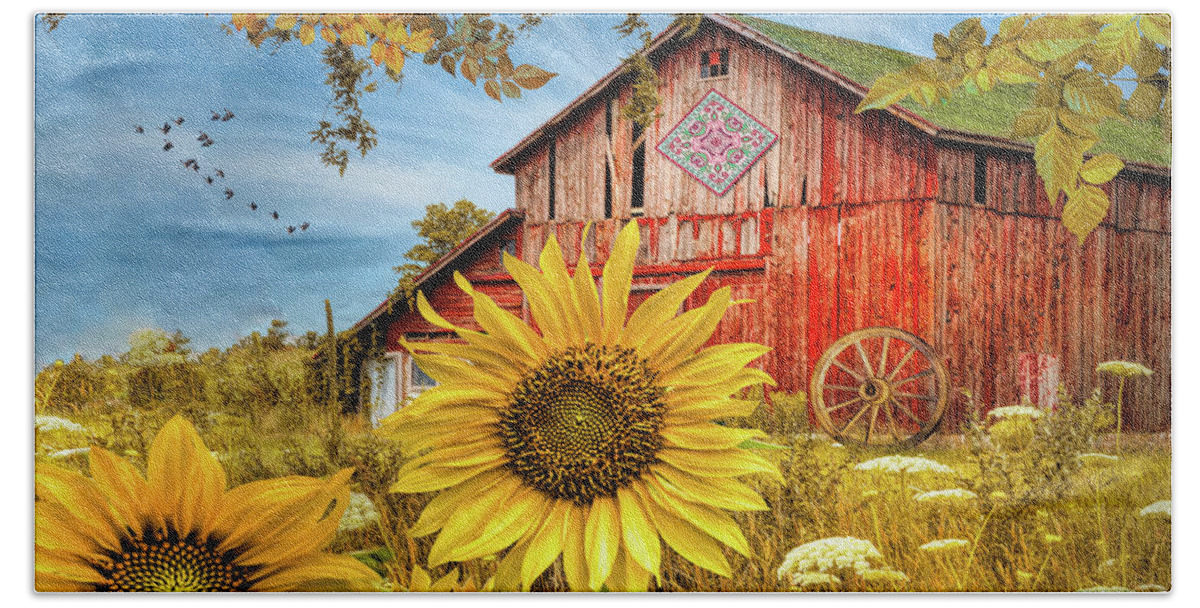 Barns Beach Towel featuring the photograph Golden Sunflowers Red Barn II by Debra and Dave Vanderlaan