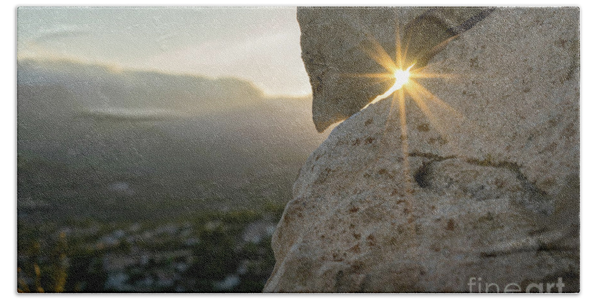 Mountains Beach Towel featuring the photograph Golden sunlight and rock at sunset by Adriana Mueller
