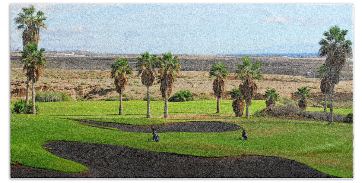 Golf Beach Towel featuring the photograph Golf course in Tenerife island, Canary islands by Severija Kirilovaite