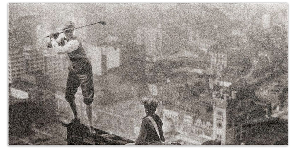 Golf Beach Towel featuring the painting Golfer On Girder Over New York Sepia by Tony Rubino