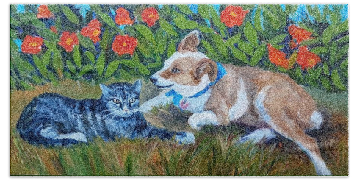 Pet Portrait Beach Towel featuring the painting Gracie and Chau Chau by Marian Berg