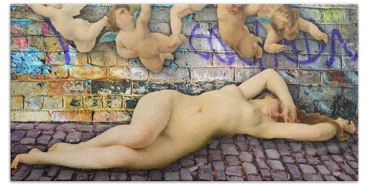 Abstract Beach Towel featuring the painting Graffiti Birth Of Venus by Tony Rubino