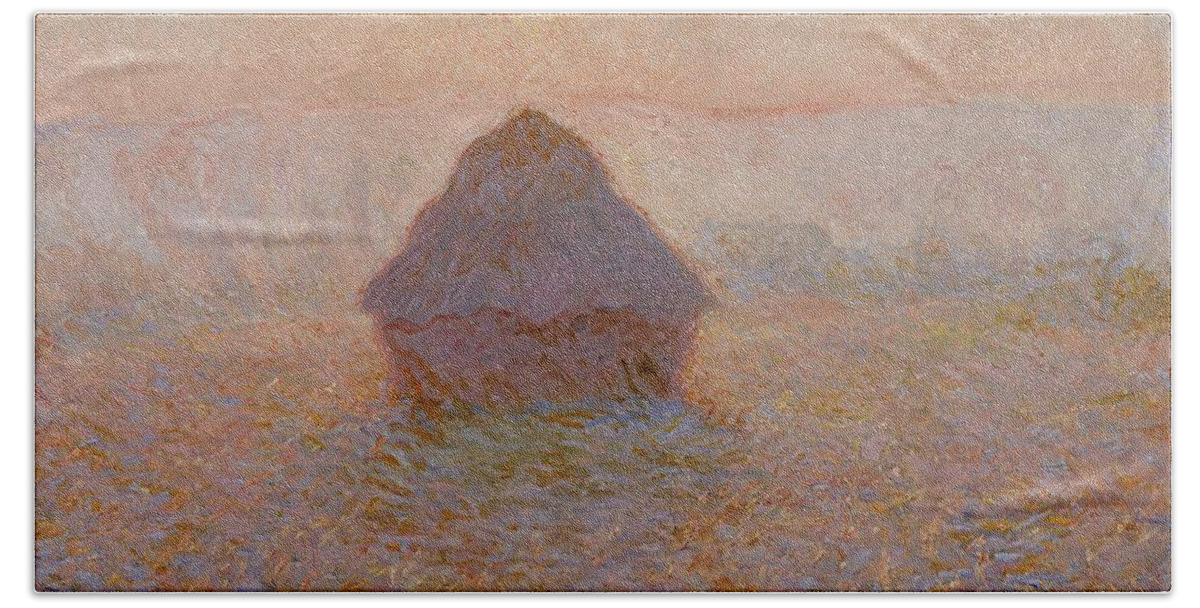  Beach Sheet featuring the drawing Grainstack Sun in the Mist #1 by Claude Monet
