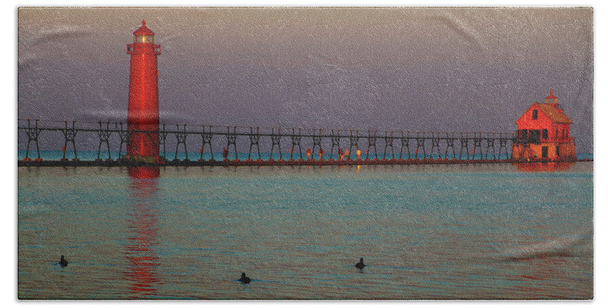 Grand Haven Lighthouse Beach Towel featuring the photograph Grand Haven LIghthouse at Sunrise by Deb Beausoleil