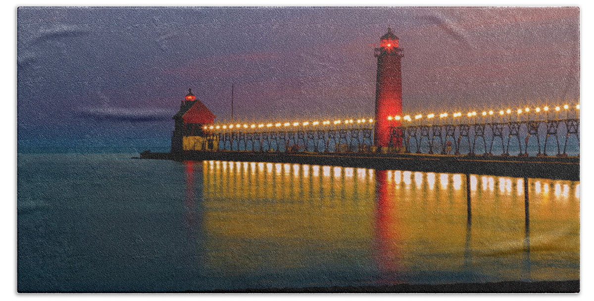 Sunset Grand Beach Sheet featuring the photograph Grand Haven South Pier Lighthouse by Jack R Perry